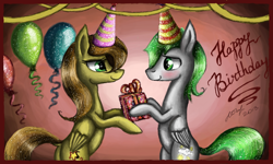 Size: 854x512 | Tagged: safe, derpibooru exclusive, imported from derpibooru, oc, oc:dreamer skies, pegasus, abstract background, balloon, birthday, blushing, celebration, detailed, gift giving, looking at each other, pegasus oc, present, presenting, signature, smiley face, smiling, sparkles, standing, standing on one leg, unknown pony, wings