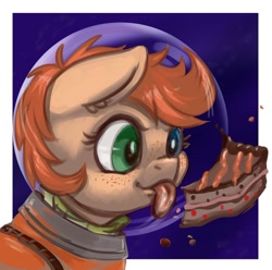 Size: 900x893 | Tagged: safe, artist:kovoranu, imported from derpibooru, oc, oc only, oc:rusty gears, earth pony, pony, astronaut, birthday, cake, food, helmet, solo, space, spacesuit, tongue out