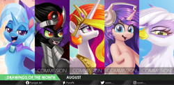 Size: 8000x3905 | Tagged: safe, artist:pyropk, imported from derpibooru, gilda, king sombra, princess celestia, trixie, oc, oc:melody verve, alicorn, griffon, pony, unicorn