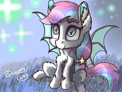 Size: 680x512 | Tagged: safe, artist:dreamyskies, derpibooru exclusive, imported from derpibooru, oc, oc only, oc:dreamyway skies, bat pony, pony, abstract background, bat pony oc, bat wings, chest fluff, cute, dream, ear fluff, female, fluffy, looking up, lowres, mare, night, quick draw, rough, sitting, sketch, smiley face, smiling, solo, sparkles, starry eyes, stars, this will never finish, wingding eyes, wings