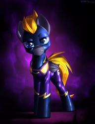 Size: 2300x3000 | Tagged: safe, artist:shido-tara, imported from derpibooru, oc, oc only, oc:blaze (shadowbolt), pegasus, clothes, commission, costume, darkness, glasses, looking at you, pegasus oc, shadowbolts, shadowbolts costume, wings