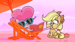 Size: 1669x931 | Tagged: safe, imported from derpibooru, screencap, applejack, pinkie pie, earth pony, pony, don't look a .gif horse in the mouth, my little pony: pony life, spoiler:pony life s01e31, book, context is for the weak, female, g4.5, mare, sunglasses