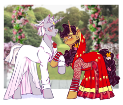 Size: 2930x2497 | Tagged: safe, artist:djkaskan, imported from derpibooru, saffron masala, zesty gourmand, pony, unicorn, blushing, clothes, dress, ear piercing, earring, female, flower, grin, holding hooves, horn, horn ring, jewelry, lesbian, mare, marriage, nose piercing, piercing, raised hoof, ring, rose, shipping, smiling, suit, wedding, wedding dress, wedding ring, zesty masala