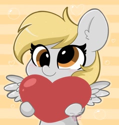 Size: 1900x2000 | Tagged: safe, artist:kittyrosie, imported from derpibooru, derpy hooves, pegasus, pony, abstract background, bipedal, blushing, cute, derp, derpabetes, female, heart, mare, signature, simple background, smiling, solo, spread wings, wings