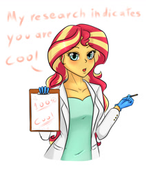 Size: 1100x1300 | Tagged: safe, artist:albertbm, imported from derpibooru, sunset shimmer, equestria girls, clipboard, dialogue, female, looking at you, pen, positive ponies, research, science, simple background, solo, talking to viewer, white background