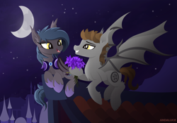 Size: 2000x1401 | Tagged: safe, artist:andaluce, imported from derpibooru, oc, oc only, oc:devin, oc:gotha, bat pony, pony, cute, female, flower, flying, guardsmare, looking at each other, male, mare, moon, night, oc x oc, rooftop, royal guard, scenery, shipping, smiling, spread wings, stallion, straight, wings