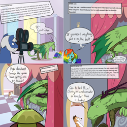 Size: 2562x2562 | Tagged: safe, artist:professor-ponyarity, imported from derpibooru, oc, oc:color flare, oc:maxi, oc:rye, dragon, pony, unicorn, wolf, tumblr:ask rye dimar dragon, camera