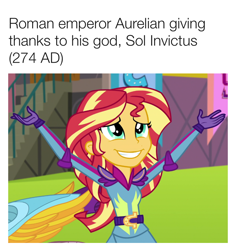 Size: 836x885 | Tagged: safe, edit, edited screencap, imported from derpibooru, screencap, sunset shimmer, equestria girls, friendship games, arms in the air, aurelian, fake history, female, meme, praise the sun, roman, roman empire, rome, smiling, sol invictus, solo, sunedge shimmer, sunshine shimmer