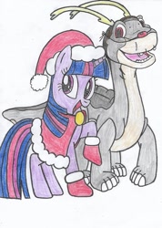 Size: 909x1280 | Tagged: safe, artist:cybertronianbrony, imported from derpibooru, twilight sparkle, dinosaur, pony, unicorn, antlers, apatosaurus, christmas, clothes, costume, crossover, cute, don bluth, duo, duo male and female, female, hat, holiday, littlefoot, male, mare, santa costume, santa hat, simple background, the land before time, traditional art, twiabetes, unicorn twilight, white background