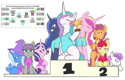 Size: 2216x1420 | Tagged: safe, artist:wild-thunder06, imported from derpibooru, apple bloom, maud pie, princess cadance, princess celestia, princess luna, scootaloo, starlight glimmer, sweetie belle, trixie, alicorn, earth pony, pegasus, pony, unicorn, bipedal, clothes, cutie mark crusaders, hat, ponylatino, simple background, spanish, tongue out, tournament, transparent background, trixie's hat, unamused