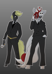 Size: 1240x1754 | Tagged: safe, artist:queen-razlad, imported from derpibooru, oc, oc:razlad, oc:trestle, anthro, unguligrade anthro, belt, cigarette, clothes, helix horn, horn, necktie, smoke, suit, sunglasses