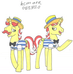 Size: 1323x1352 | Tagged: safe, artist:cmara, imported from derpibooru, flam, flim, pony, unicorn, bowtie, clothes, duo, facial hair, flim flam brothers, hat, male, moustache, open mouth, raised hoof, shirt, simple background, stallion, traditional art, white background