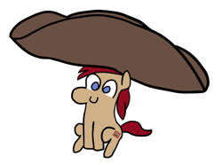 Size: 1266x942 | Tagged: safe, artist:wren, imported from derpibooru, oc, oc only, oc:libby tea, earth pony, pony, blue eyes, c:, chibi, cute, giant hat, happy, hat, horn, impossibly large hat, multiple horns, red hair, simple background, sitting, smiling, solo, stamp, teabag, tiny, tiny ponies, tricorne, white background