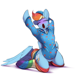 Size: 3000x3000 | Tagged: safe, artist:skitsniga, deleted from derpibooru, rainbow dash, pegasus, semi-anthro, blushing, clothes, cute, dashabetes, eyes closed, featureless crotch, female, kneeling, open mouth, pajamas, rainbow socks, simple background, socks, solo, striped socks, white background, yawn