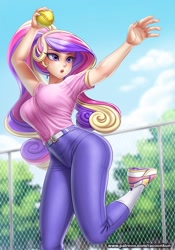 Size: 716x1024 | Tagged: safe, alternate version, artist:racoonsan, edit, editor:thomasfan45, imported from derpibooru, princess cadance, human, anime, ball, beautiful, beautisexy, belt, blushing, breasts, busty princess cadance, clothes, cute, cutedance, female, fence, hand, humanized, jeans, nail polish, open mouth, outdoors, pants, sexy, shirt, shoes, sneakers, socks, softball, solo, sports, t-shirt, tree