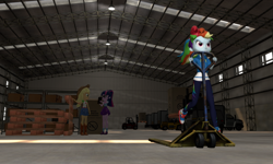 Size: 5120x3072 | Tagged: safe, artist:n3onh100, imported from derpibooru, applejack, rainbow dash, sci-twi, twilight sparkle, equestria girls, 3d, box, clipboard, female, forklift, gmod, job, pallet, truck, warehouse