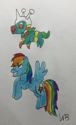 Size: 780x1280 | Tagged: safe, artist:whistle blossom, imported from derpibooru, rainbow dash, pegasus, pony, unicorn, crossover, cute, dashabetes, duo, duo male and female, eye clipping through hair, eyebrows visible through hair, female, flying, grin, looking up, male, mare, signature, smiling, space unicorn, traditional art