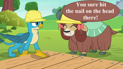 Size: 1280x720 | Tagged: safe, edit, edited screencap, imported from derpibooru, screencap, gallus, yona, griffon, yak, non-compete clause, apple, apple tree, boards, bow, caption, cloven hooves, cute, duo, female, food, hair bow, hard hat, image macro, male, monkey swings, nail, pun, reaction image, speech, sweet apple acres, talking, text, tree, yonadorable