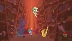 Size: 1625x929 | Tagged: safe, imported from derpibooru, screencap, applejack, spike, dragon, earth pony, pony, my little pony: pony life, the mysterious voice, spoiler:pony life s01e33, female, g4.5, male, mare, musical instrument, saxophone, wheelbarrow