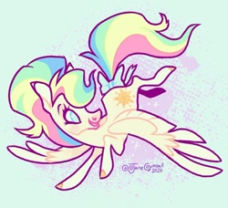 Size: 1280x1165 | Tagged: safe, artist:janegumball, imported from derpibooru, starshine, pegasus, pony, bow, colored hooves, female, flying, g1, g1 to g4, g4, generation leap, mare, multicolored hair, rainbow hair, solo, starshine (g1), tail bow