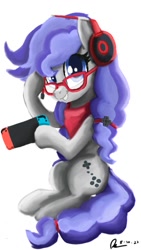 Size: 675x1200 | Tagged: safe, artist:crimsontrace, artist:raphaeldavid, imported from derpibooru, oc, oc only, oc:cinnabyte, adorkable, bandana, cinnabetes, cute, dork, gaming headset, gift art, glasses, headphones, headset, nintendo switch, smiling, switch