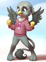 Size: 3000x4000 | Tagged: safe, artist:ohemo, imported from derpibooru, gabby, griffon, semi-anthro, bipedal, chest fluff, clenched fist, clothes, cute, female, gabbybetes, hoodie, open mouth, smiling, solo, spread wings, wings