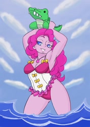 Size: 724x1024 | Tagged: safe, alternate version, artist:brother-tico, edit, editor:thomasfan45, imported from derpibooru, gummy, pinkie pie, human, equestria girls, equestria girls series, forgotten friendship, armpits, bedroom eyes, breasts, cleavage, clothes, cute, diapinkes, female, geode of sugar bombs, legs, lidded eyes, looking at you, magical geodes, ocean, one-piece swimsuit, sexy, sky, smiling, solo, swimsuit, toy, tricolor swimsuit, water