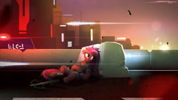 Size: 3840x2160 | Tagged: safe, artist:deafjaeger, imported from derpibooru, oc, oc only, oc:silent bolt, pegasus, pony, angry, asphalt, bulletproof vest, city, clothes, concrete, crossbow, cyberpunk, evening, fight, future, grenade, hiding, knife, light, lying down, particles, police, road, sky, soldier, solo, sun, the chronicles of order, uniform, weapon, wings