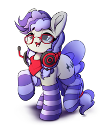 Size: 1727x2048 | Tagged: safe, artist:hitbass, imported from derpibooru, oc, oc only, oc:cinnabyte, adorkable, bandana, cinnabetes, clothes, commission, cute, dork, female, gaming headset, glasses, headphones, headset, mare, meganekko, smiling, socks, striped socks