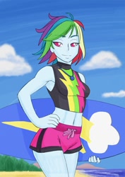 Size: 724x1024 | Tagged: safe, alternate version, artist:brother-tico, edit, editor:thomasfan45, imported from derpibooru, rainbow dash, human, equestria girls, equestria girls series, forgotten friendship, alternate hairstyle, armpits, beach, bedroom eyes, belly button, clothes, cloud, female, geode of super speed, hand on hip, lidded eyes, looking at you, magical geodes, midriff, ocean, sand, sexy, smiling, solo, surfboard, swimming trunks, swimsuit