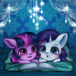 Size: 900x900 | Tagged: safe, artist:holambaoduyen, imported from derpibooru, rarity, twilight sparkle, pony, unicorn, blanket, blushing, book, chibi, commission, cute, duo, lying down, prone, raribetes, sleepover, twiabetes