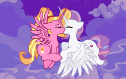 Size: 2004x1262 | Tagged: safe, artist:jadeharmony, artist:jadethepegasus, artist:kingbases, imported from derpibooru, luster dawn, potion nova, alicorn, pony, alicornified, base used, cloud, eyes closed, female, flying, kissing, lesbian, lustercorn, lusternova, mare, night, novacorn, raised hoof, raised leg, shipping, stars