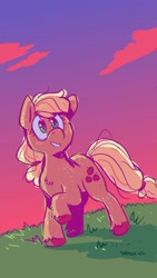 Size: 800x1423 | Tagged: safe, artist:simondrawsstuff, imported from derpibooru, applejack, earth pony, pony, cloud, colored hooves, female, mare, missing accessory, signature, sky, solo, sunset