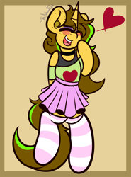 Size: 2400x3243 | Tagged: safe, artist:theawkwarddork, imported from derpibooru, oc, oc only, oc:awkward dork, pony, semi-anthro, unicorn, blushing, clothes, crossdressing, ear fluff, eyeshadow, femboy, freckles, heart, makeup, male, skirt, smiling, socks, solo, striped socks, thigh highs