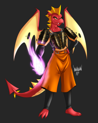 Size: 4000x5000 | Tagged: safe, artist:danmakuman, imported from derpibooru, garble, dragon, semi-anthro, badass, black background, commission, crossover, fire, hand on hip, male, simple background, solo