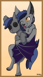 Size: 719x1280 | Tagged: safe, artist:zackwhitefang, imported from derpibooru, oc, oc only, oc:echo, bat, bat pony, fruit bat, pony, :p, bat pony oc, bat wings, commission, digital art, flying fox, furry, furry oc, hug, one eye closed, plushie, simple background, tongue out, wings