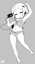 Size: 736x1356 | Tagged: safe, artist:born-to-die, imported from derpibooru, sunny flare, human, equestria girls, belly button, cellphone, child, clothes, eyes closed, female, headphones, listening to music, lolicon, monochrome, phone, short hair, shorts, sketch, young, younger