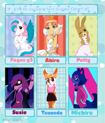 Size: 603x712 | Tagged: safe, artist:the_arts_perfume, imported from derpibooru, star catcher, anthro, gazelle, human, pegasus, pony, rabbit, six fanarts, aggretsuko, animal, anthro with ponies, bna: brand new animal, clothes, crossover, deltarune, female, g3, glowing eyes, haru (beastars), maple town, mare, michiru kagemori, patty rabbit, princess tutu, rearing, sanrio, signature, skirt, smiling, susie (deltarune), tsunoda, unshorn fetlocks