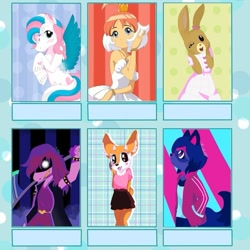 Size: 813x813 | Tagged: safe, artist:the_arts_perfume, imported from derpibooru, star catcher, anthro, gazelle, human, pegasus, pony, rabbit, six fanarts, aggretsuko, ahiru, animal, anthro with ponies, bna: brand new animal, clothes, crossover, deltarune, female, g3, glowing eyes, haru (beastars), maple town, mare, michiru kagemori, patty rabbit, princess tutu, rearing, sanrio, signature, skirt, smiling, susie (deltarune), tsunoda, unshorn fetlocks