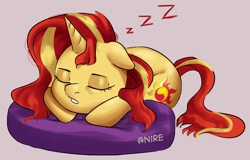 Size: 3101x1979 | Tagged: safe, artist:nire, imported from derpibooru, sunset shimmer, pony, unicorn, equestria girls, chubby cheeks, curled up, cushion, cute, cutie mark, eyes closed, floppy ears, hooves together, onomatopoeia, shimmerbetes, sleeping, sound effects, zzz