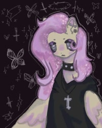 Size: 768x960 | Tagged: safe, artist:tzigari, imported from derpibooru, fluttershy, pegasus, pony, chalkboard, choker, clothes, cross, cross necklace, ear piercing, earring, female, fluttergoth, goth, hoodie, industrial barbell, industrial piercing, jewelry, necklace, piercing, solo, sparkly mane, spiked choker