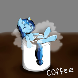 Size: 960x960 | Tagged: safe, artist:dark_nidus, imported from derpibooru, oc, oc:angela, pony, unicorn, choker, coffee, commission, cup of pony, cutie mark, eye scar, food, marshmallow, ornament, pony in a cup, scar, vapor, ych result