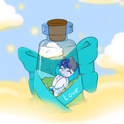 Size: 960x960 | Tagged: safe, artist:dark_nidus, imported from derpibooru, oc, oc only, pony, bottle, bow, chibi, choker, cloud, cutie mark, eyes closed, glasses, pony in a bottle, sleeping, solo, tail