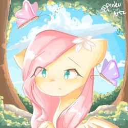 Size: 1017x1015 | Tagged: safe, artist:pinku._.artz, imported from derpibooru, fluttershy, butterfly, pegasus, pony, bust, cloud, cute, female, flower, flower in hair, foliage, forest, portrait, shrub, shyabetes, sky, solo, tree