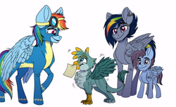 Size: 8400x5100 | Tagged: safe, artist:celestial-rainstorm, imported from derpibooru, rainbow dash, oc, oc:gavin, oc:jetstream, oc:proud skies, griffon, pony, absurd resolution, clothes, colt, male, offspring, parent:gabby, parent:gallus, parent:rainbow dash, parent:rumble, parent:scootaloo, parent:soarin', parents:gabbus, parents:rumbloo, parents:soarindash, simple background, stallion, uniform, white background, wonderbolts uniform