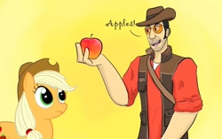 Size: 1280x802 | Tagged: safe, artist:cutecartsy, imported from derpibooru, applejack, earth pony, human, pony, apple, crossover, female, food, male, mare, sniper, team fortress 2