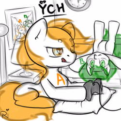 Size: 3000x3000 | Tagged: safe, artist:dark_nidus, imported from derpibooru, pony, advertisement, clock, commission, controller, indoors, photo, pillow, sketch, tongue out, your character here