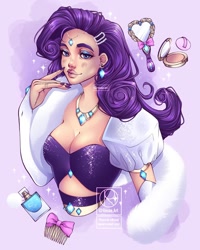 Size: 1080x1350 | Tagged: safe, artist:resaa.art, imported from derpibooru, rarity, human, belt, blushing, bow, bust, clothes, comb, compact mirror, diamond, ear piercing, earring, eyeshadow, faux fur, female, gem, gloves, hairclip, humanized, jewel, jewelry, lipstick, makeup, mirror, nail polish, necklace, perfume, piercing, portrait, powder puff, ring, shawl, solo, sparkles, tiara