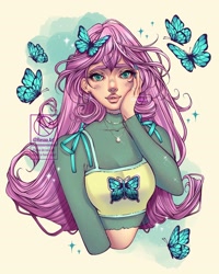 Size: 1080x1350 | Tagged: safe, artist:resaa.art, imported from derpibooru, fluttershy, butterfly, human, bow, bust, clothes, ear piercing, earring, female, hooped earrings, humanized, jewelry, long sleeves, nail polish, necklace, pendant, piercing, portrait, ring, see-through, see-through shirt, shirt, short shirt, solo, sparkles, sports bra, sweater, tanktop, turtleneck