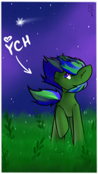 Size: 1698x3000 | Tagged: safe, artist:dark_nidus, imported from derpibooru, oc, pony, unicorn, commission, flower, grass, grass field, outdoors, sky, stars, your character here